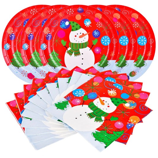 Gatherfun Christmas Party Supplies Christmas Snowman Disposable Paper Dinner Plates and Napkins for Merry Christmas Party Serve 20
