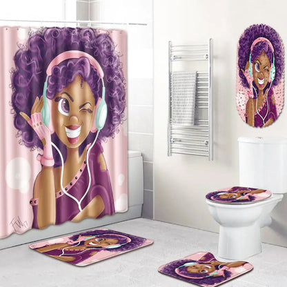 African Woman Bathroom Set with Shower Curtain and Mats
