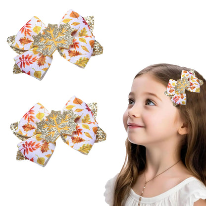 HIFANMM Fall Hair Clips Thanksgiving Bow Hair Accessories for Women Girls Cute Cartoon Maple Leaf Hairpins Silver Glitter Alligator Hair Barrettes for Girls Fall Party Supplies Decoration 2Pcs