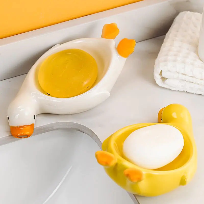 Cute Portable Ceramic Duck Soap Dish Bathroom Organizer