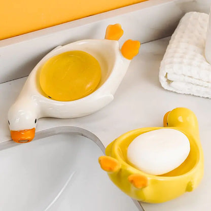 Cute Portable Ceramic Duck Soap Dish Bathroom Organizer