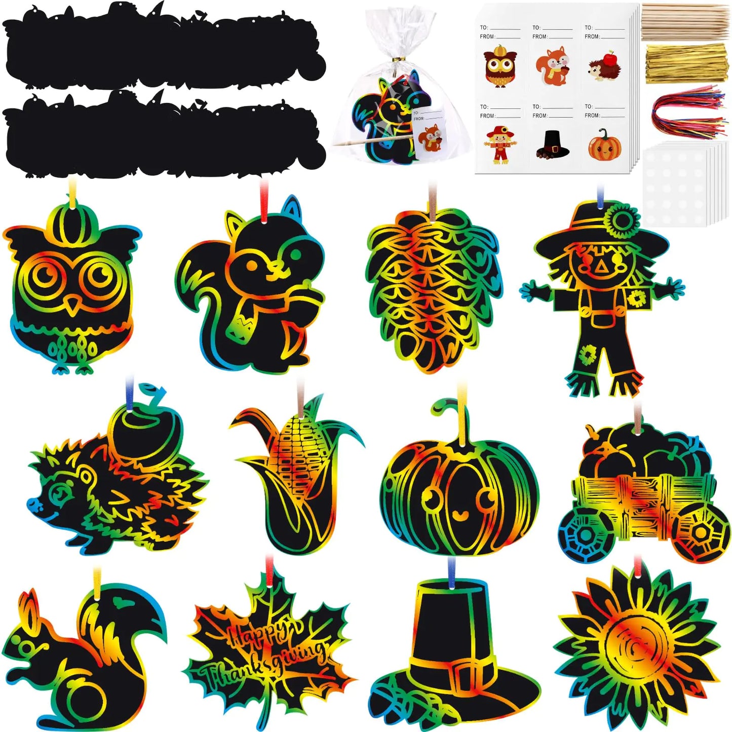 Kolldenn 96 Pcs Thanksgiving Scratch Paper Ornaments Scratch Off Cards Ornament Rainbow Art DIY Pumpkin Maple Leaves Sunflower Thanksgiving Scratch Off Paper for Kids Project Crafts Party Favors Gift