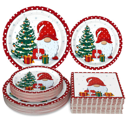 Homlouue 200 Pcs Christmas Paper Plates and Napkins Christmas Tree Gnome Plates and Napkins Disposable Christmas Dinner Plates and Napkins Serve 50 Guest Christmas Party Table Decorations
