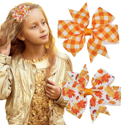 Fall Maple Leaf Hair Bow Clips Orange Hair Clips with Alligator Clips Autumn Maple Leaves Lattice Ribbon Hairpins Bow Clips Hair Barrette for Baby Girls Kids Fall Thanksgiving Hair Accessories Decor