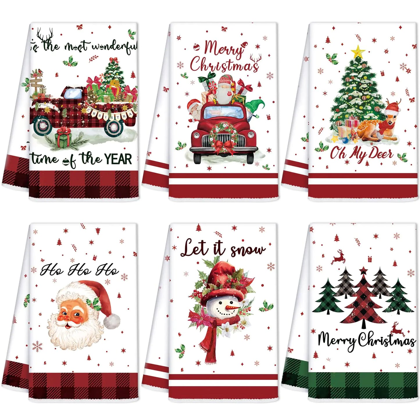 Oudain Sets of 6 Christmas Kitchen Towels and Dishcloths Xmas Santa Christmas Tree Snowman Truck Dish Towels Winter Kitchen Hand Towels Kit Christmas Novelty Gifts for Christmas Party Supplies