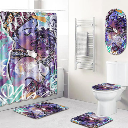 African Woman Bathroom Set with Shower Curtain and Mats