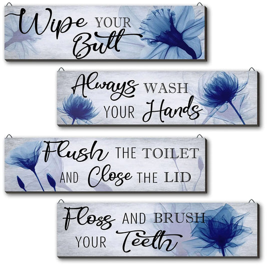 wuguimeii 4 Pcs Farmhouse Bathroom Decor Wooden Funny Bathroom Signs - Blue Flower Bathroom Decor Wall Art - Rustic Wood Hanging Decor Wall Decoration for Home Bedroom(Blue)