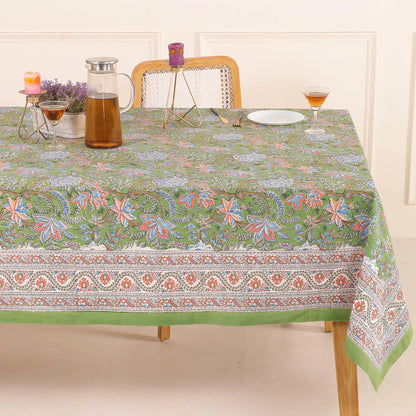 COTSILER Premium Handblock Printed Cotton Floral Tablecloth/Table Cover Rectangular Washable Pre-Washed Event Dining Thanksgiving (Green-D11 72x108 Inches)
