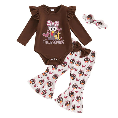YINGISFITM Thansgiving Day Baby Girl Outfit Ruffle My First Thanksgiving Romper Onesie Shirt Bell Bottoms Turkey Clothes (My 1st Thanksgiving 12-18 Months)