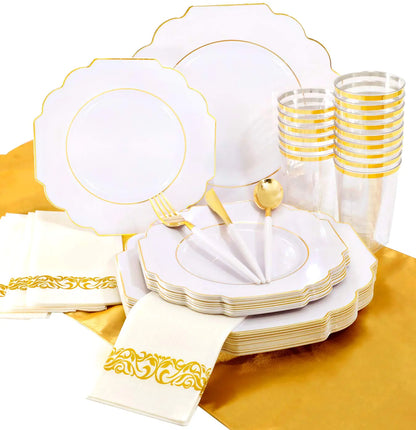 Nervure 140PCS Scalloped Gold Plastic Plates - Heavy Duty White Gold Plates - Heavyweight Square Plates Include 40Plates 20Cups 20Forks 20Knives 20Spoons 20Napkins for Thanksgiving & Party
