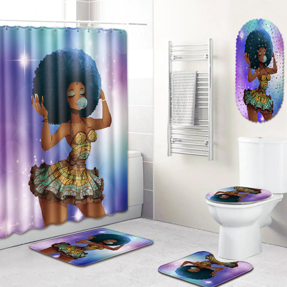 African Woman Bathroom Set with Shower Curtain and Mats