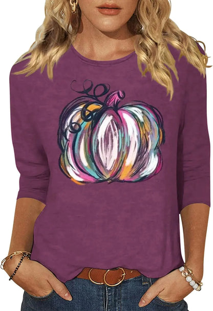Woffccrd Womens Casual Halloween 3/4 Sleeve Crew Neck Tee Shirts Leopard Pumpkin Shirts Thanksgiving Fall Tops (LPurple)