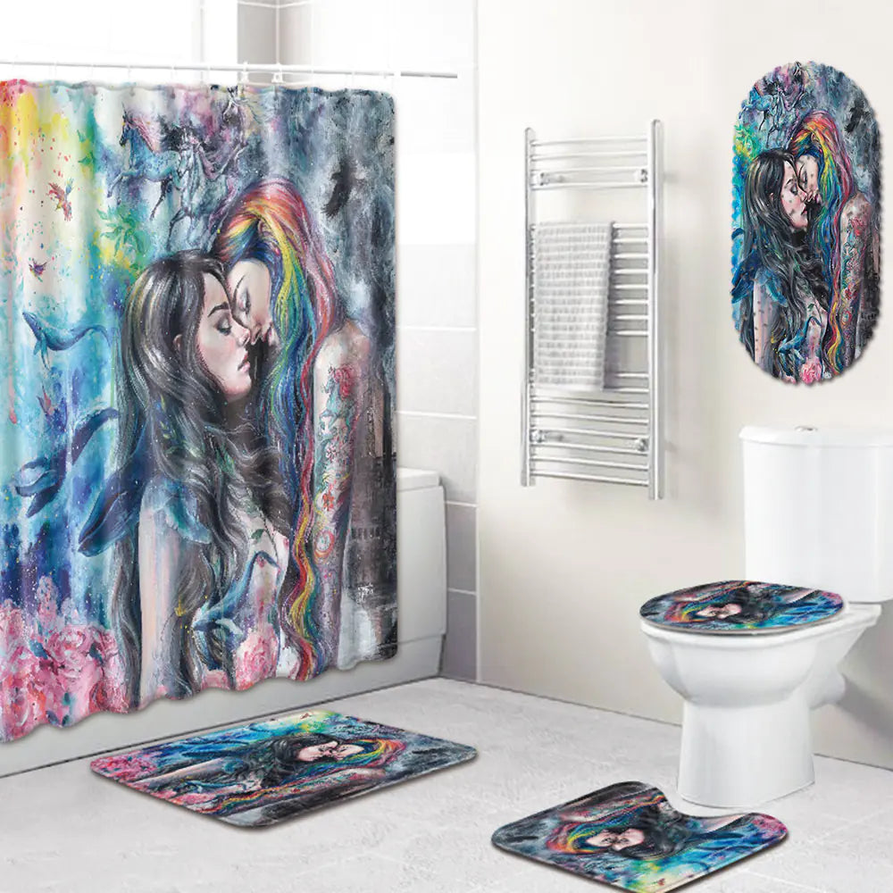 African Woman Bathroom Set with Shower Curtain and Mats