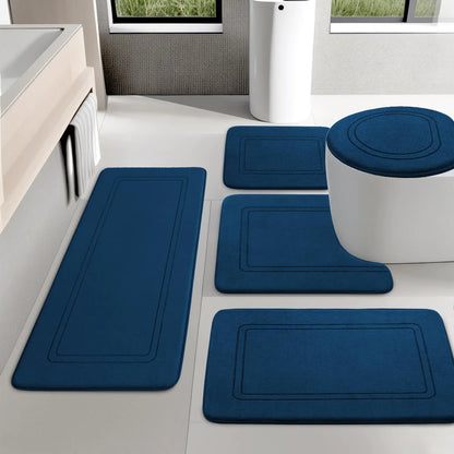 YIHOUSE Dark Blue Memory Foam Bathroom Rug Set 5 Piece Absorbent Bathroom Mat Set Non Slip Bath Mats for Bathroom Washable Dry Quickly Bath Rug Set for Bathroom Floor Dark Blue Bath Mat Set 5 Piece