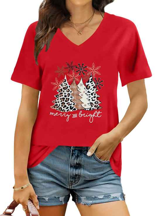 Ithalt Christmas Tree Tshirt Women Xmas Leopard Christmas Tree T-Shirts Funny Christmas Tshirts Xmas Tops(TreeRed1 Small)