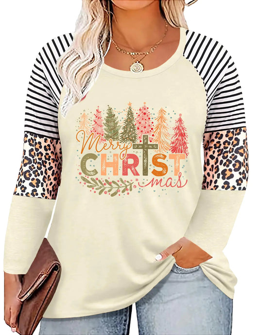 QAUN Plus Size Christmas Shirts Women Merry Christmas Shirts Christmas Lights Shirt Xmas Long Sleeve Tops(Apricot44XL)
