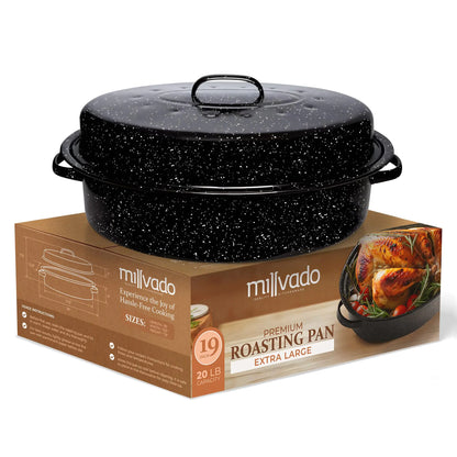 Millvado Roasting Pan With Lid Thanksgiving Turkey Roaster Pan Extra Large 20 lb Capacity 19" Granite Oven Roaster Oval Shaped Speckled Enamel on Steel Cookware