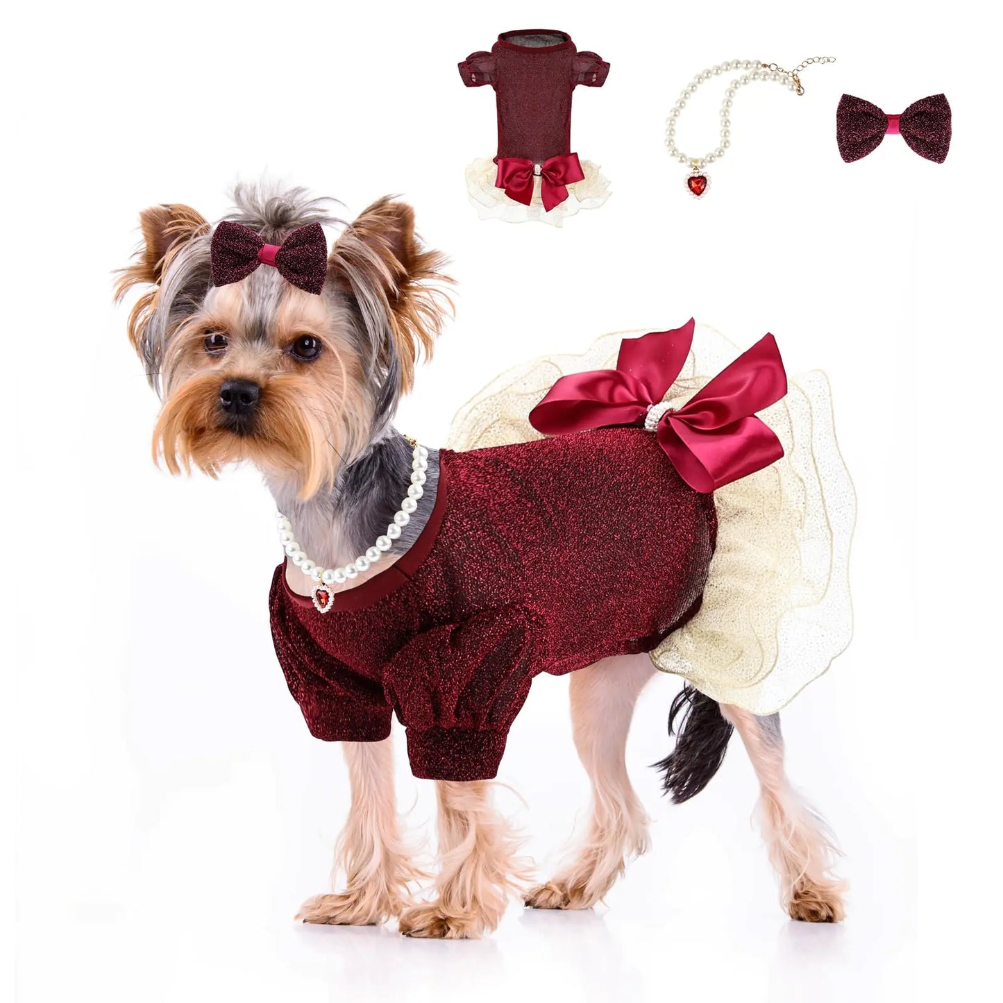 Dog Fancy Dresses for Small Dogs Sparkly Sequin Pet Princess Dress Holiday Festival Puppy Outfits Pet Apparel Wedding Birthday Thanksgiving Christmas Dress(BurgundyXS)