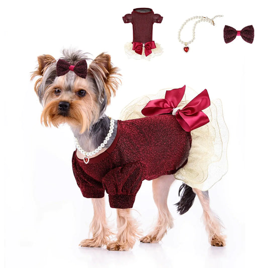 Dog Fancy Dresses for Small Dogs Sparkly Sequin Pet Princess Dress Holiday Festival Puppy Outfits Pet Apparel Wedding Birthday Thanksgiving Christmas Dress(BurgundyXS)