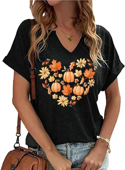 V Neck Shirts for Women Fall Leaves Pumpkin Heart Floral Graphic Shirts Thanksgiving Tops Halloween Tee(BK03-ATMMedium)